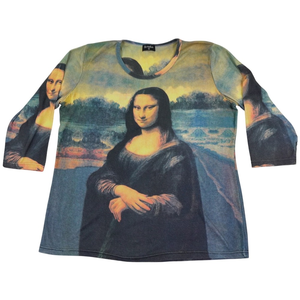 VTG Breeke Mona Lisa Top Women XXL Multicolor Art AOP Prin 3/4 Sleeve Scoop Rare
